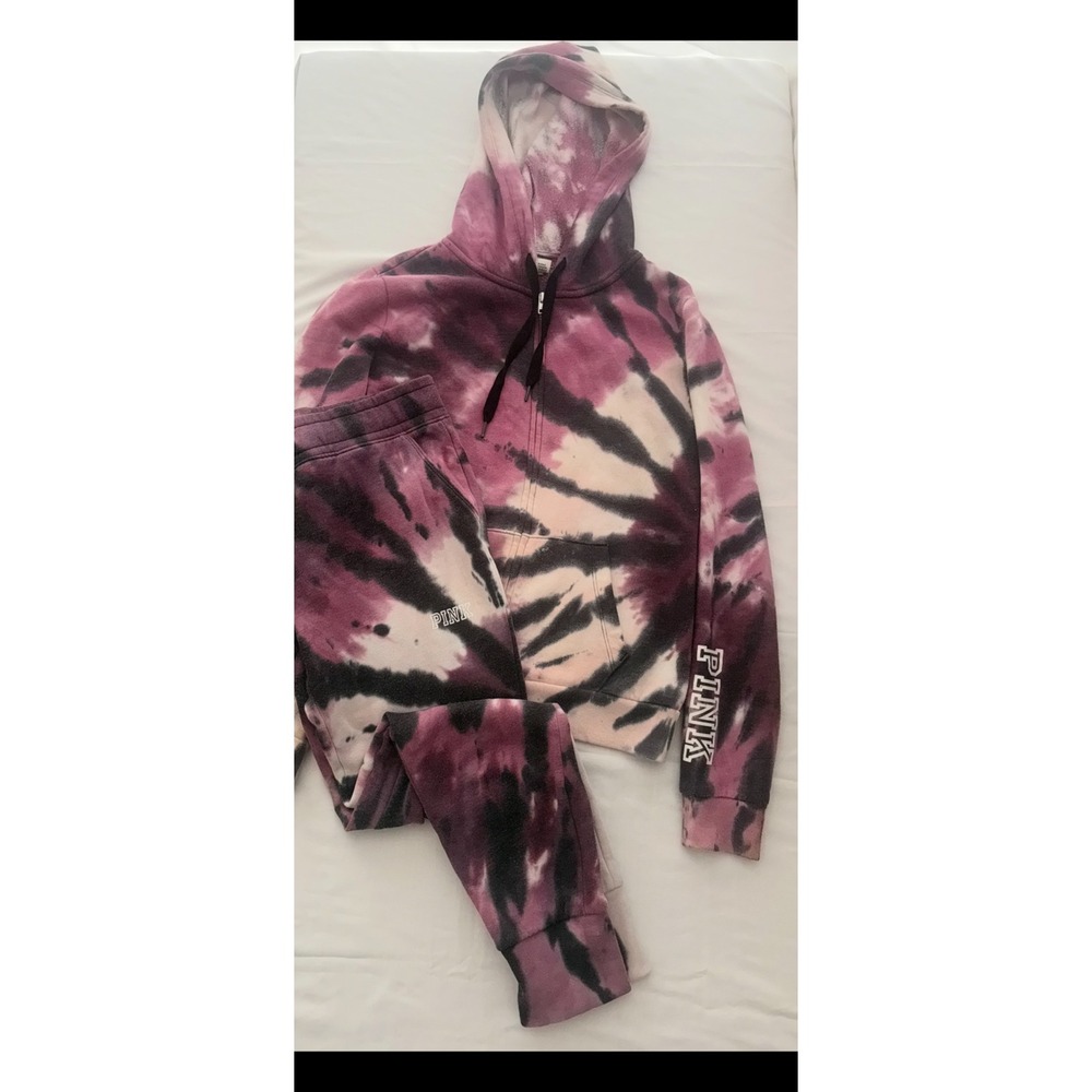 PINK Victoria's Secret Tie Dye Hoodie and Jogger Set Purple Black Small